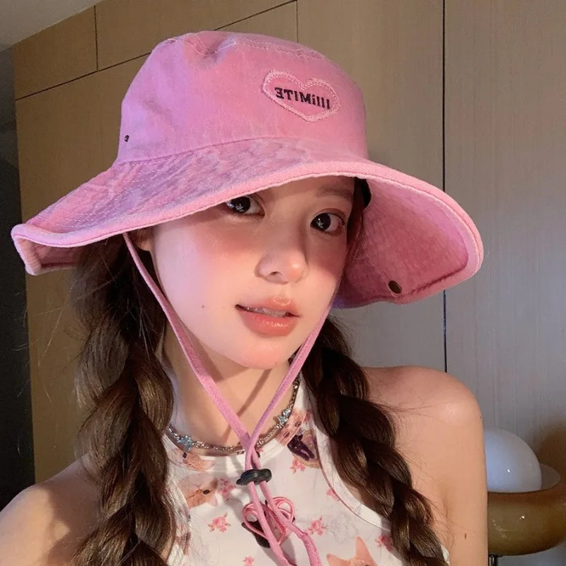 Japanese Retro Washed Cowboy Hats for Women Spring and Summer Outdoor Camping Sun Protection Sweet Pink Love Bucket Caps