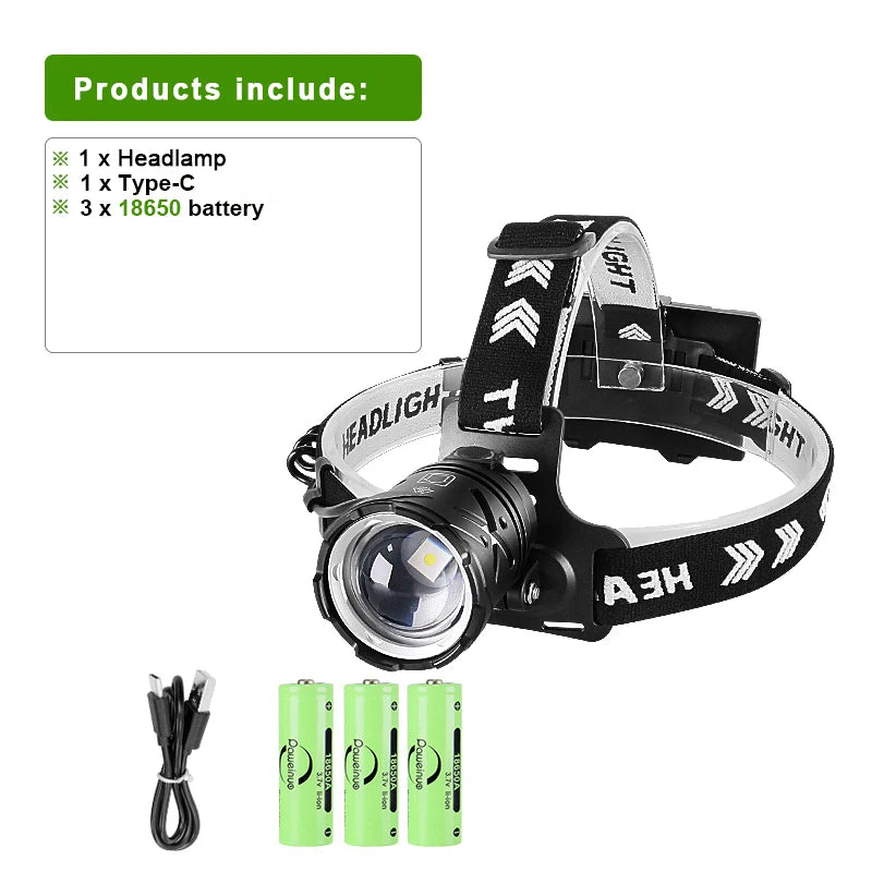 9000000LM 600W Ultra Powerful Headlamp Head Lantern Front Light 8000LM L2 Rechargeable Type C LED Head Flashlight For Fishing