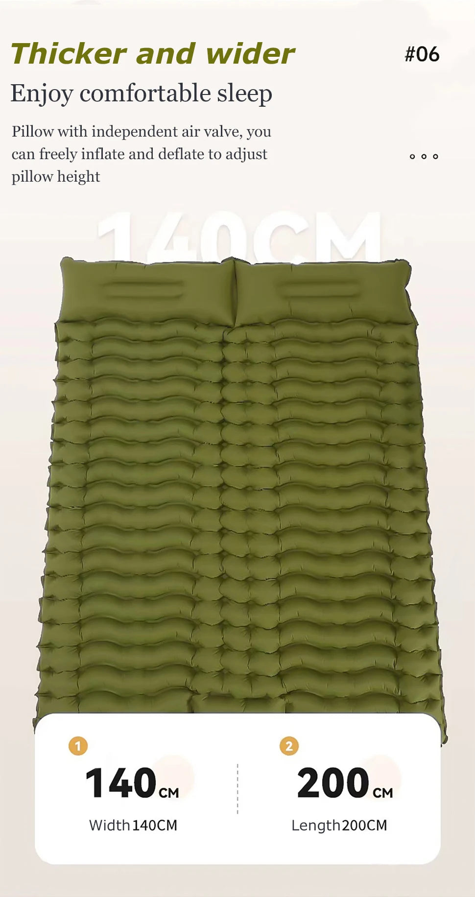 Double Sleeping Pad for Camping Self-Inflating Mat Sleeping Mattress with Pillow for Hiking Outdoor 2 Persons Travel Bed Air Mat