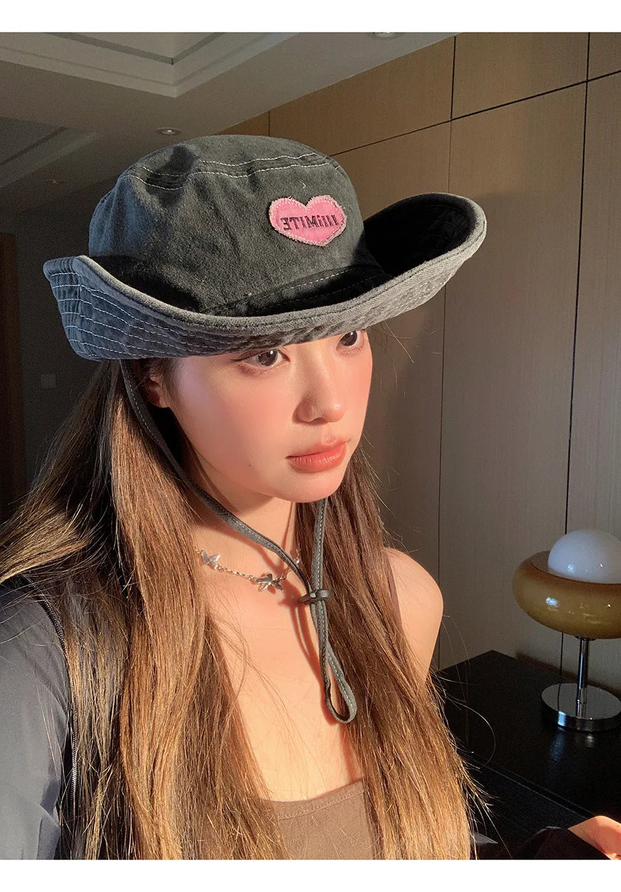 Japanese Retro Washed Cowboy Hats for Women Spring and Summer Outdoor Camping Sun Protection Sweet Pink Love Bucket Caps