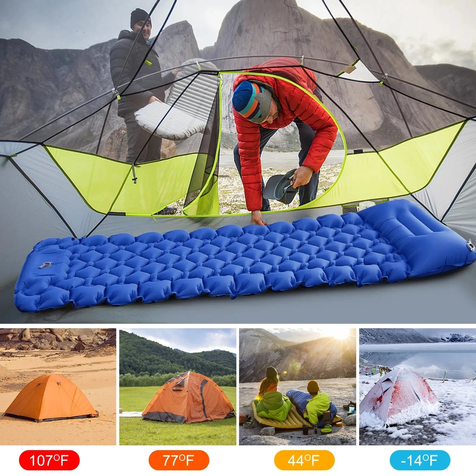 Double Sleeping Pad for Camping Inflatable Mattress with Pillow Outdoor Mat Travel Bed Cushion Built-in Pump 2 Person for Hiking