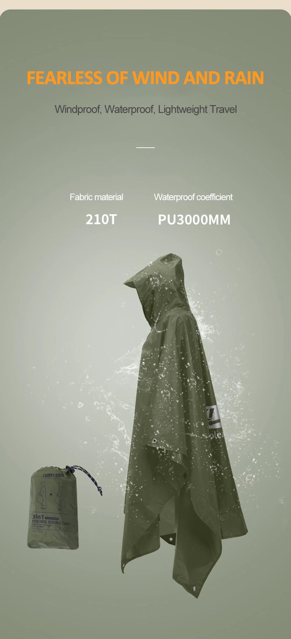 3 In 1 Outdoor Raincoat Hooded Sleeve Long Waterproof Rain Poncho Motorcycle Rain Cover Camping Hiking Travel Rainwear Tent