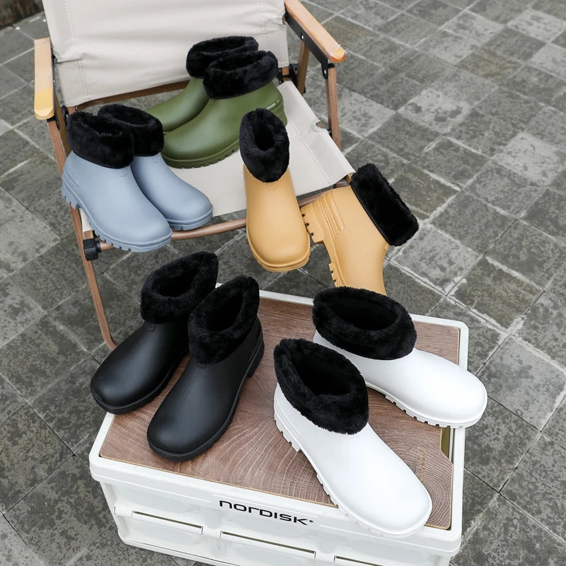 Rain Boots， for Men and Women, New Waterproof Shoes, Short Tube, Non-slip, Thick Sole, Wear-resistant, Warm Couple Camping Shoes