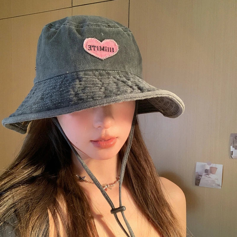 Japanese Retro Washed Cowboy Hats for Women Spring and Summer Outdoor Camping Sun Protection Sweet Pink Love Bucket Caps