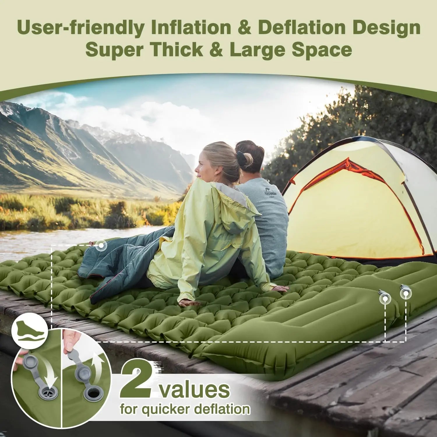 Double Sleeping Pad for Camping Outdoor 2 Persons Travel Bed Air Mat Self-Inflating Mat Sleeping Mattress with Pillow for Hiking