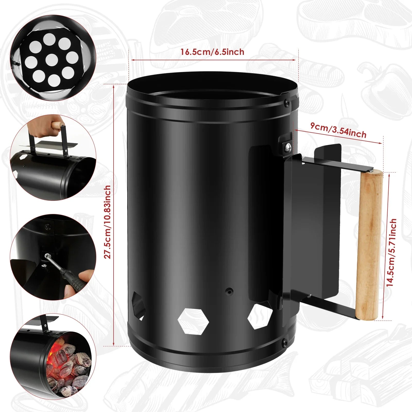 Charcoal Chimney Starter with Wood Handle Rapid BBQ Chimney Starter Fire Briquette Starters Can Canister For Grilling Tool