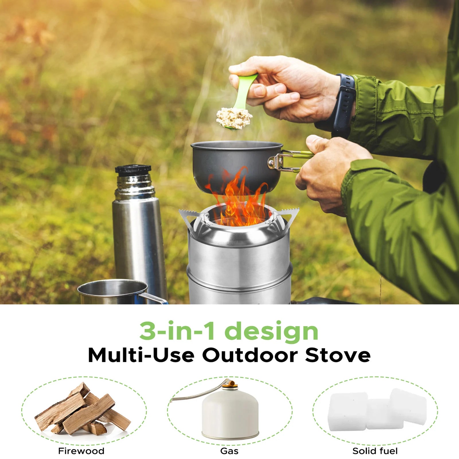 Camping Stove 3-in-1 Portable Stainless Steel Lightweight Wood Gas Solid Fuel Stoves for Outdoor Cooking Picnic BBQ