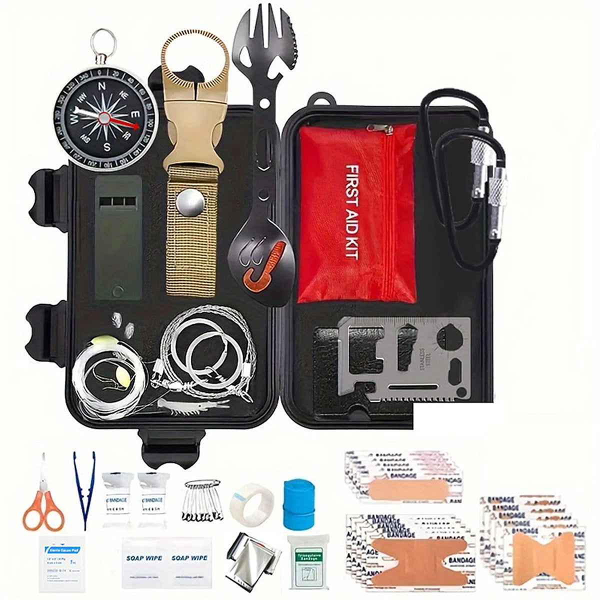 Survival First Aid Kit with 57 tools: a comprehensive wilderness emergency kit for camping, fishing and emergency situations