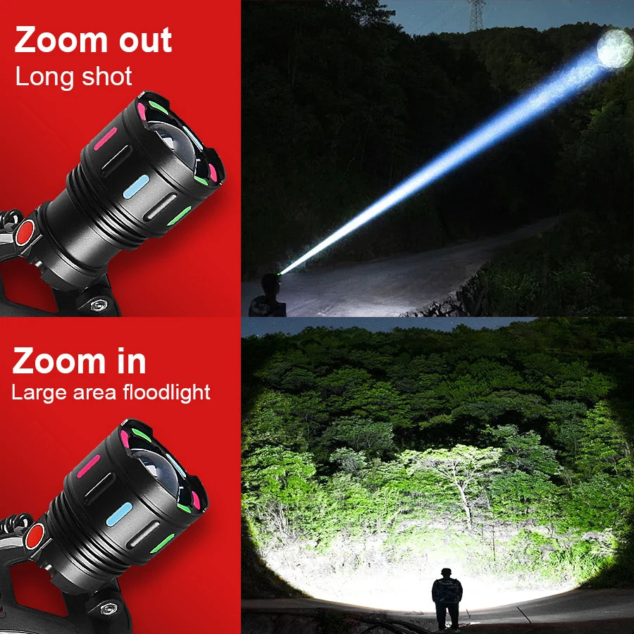 Strong Light LED Headlight 20000000LM Powerful Headlamp Long Shot 4000M Rechargeable Lamp With Fluorescent Light Outdoor Fishing