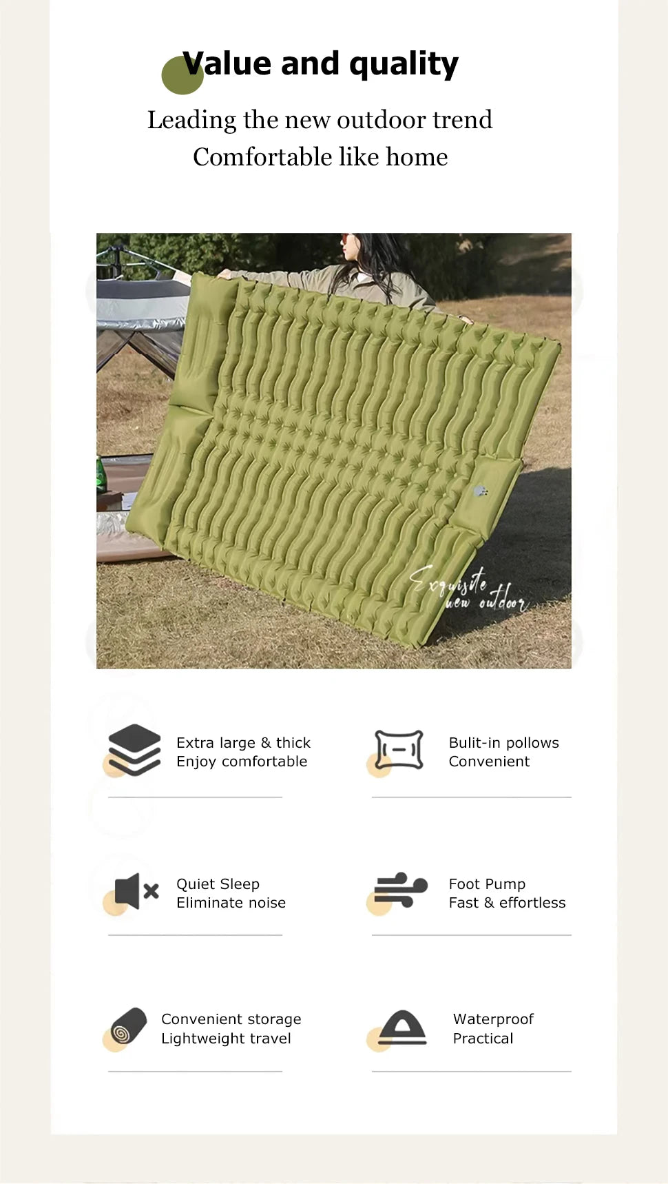 Double Sleeping Pad for Camping Self-Inflating Mat Sleeping Mattress with Pillow for Hiking Outdoor 2 Persons Travel Bed Air Mat