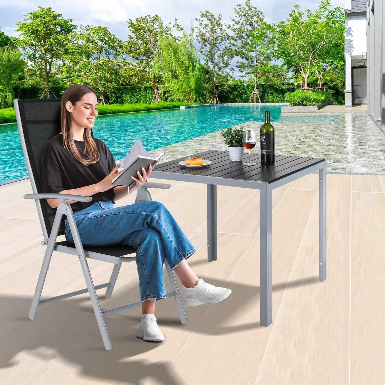 Homfa 2PC Balcony Chairs Set Garden Chairs Folding Chair 7-Way Adjustable Angle, Aluminium Camping Chair, Heavy Duty Load 150kg