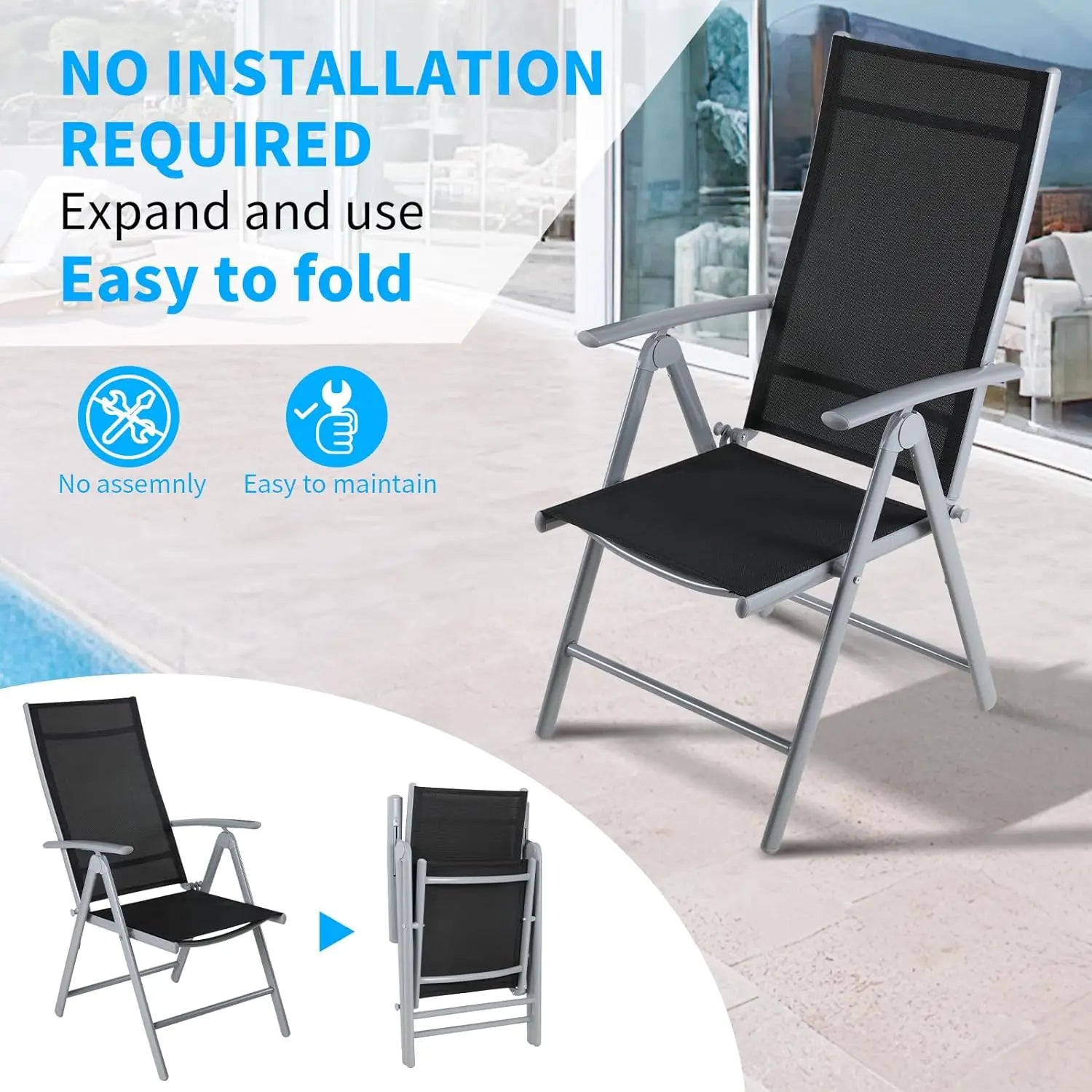 Homfa 2PC Balcony Chairs Set Garden Chairs Folding Chair 7-Way Adjustable Angle, Aluminium Camping Chair, Heavy Duty Load 150kg