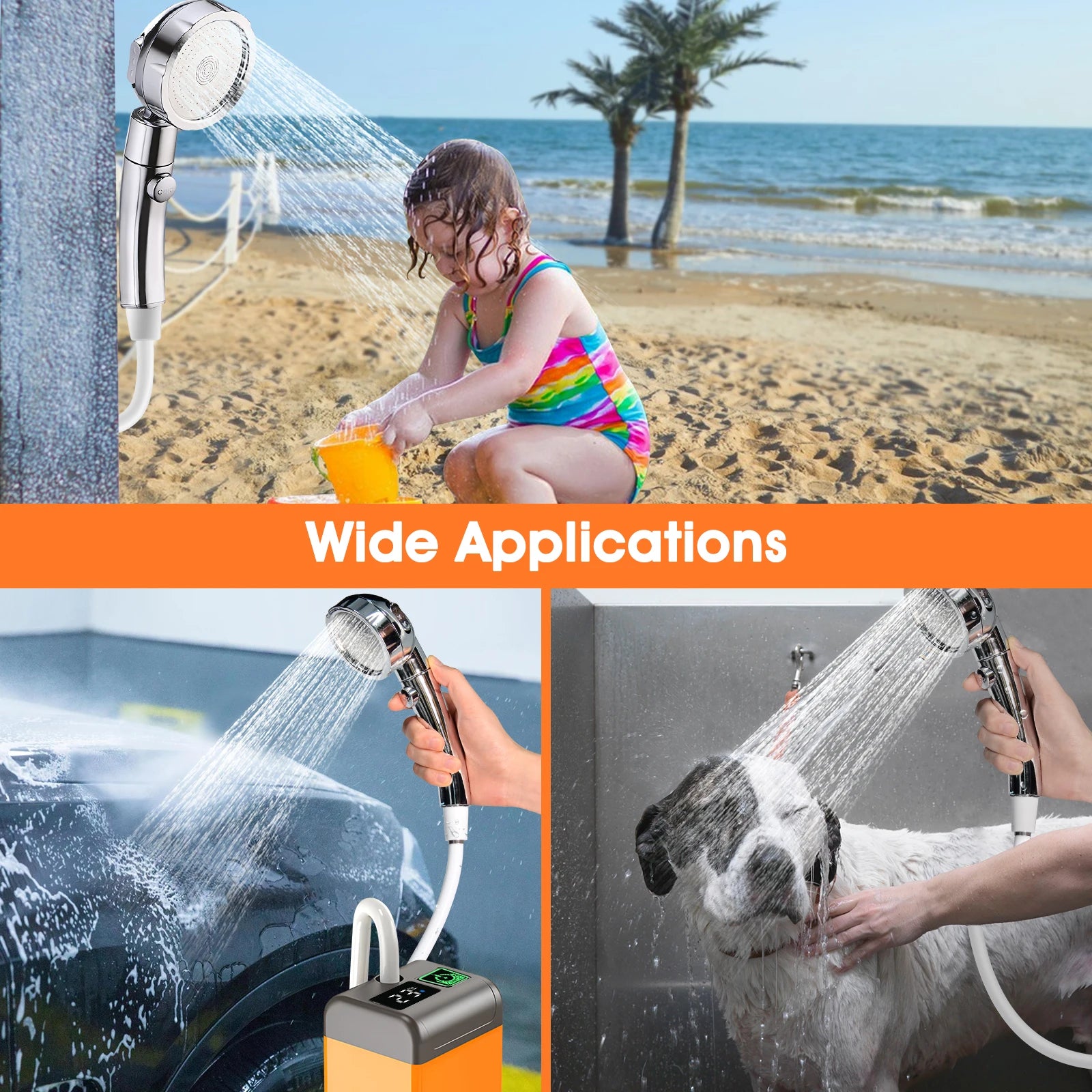 Portable Camping Shower - Rechargeable 7800mAh Pump with Showerhead, Low Noise, Temp & Battery Display for Camping, Beach
