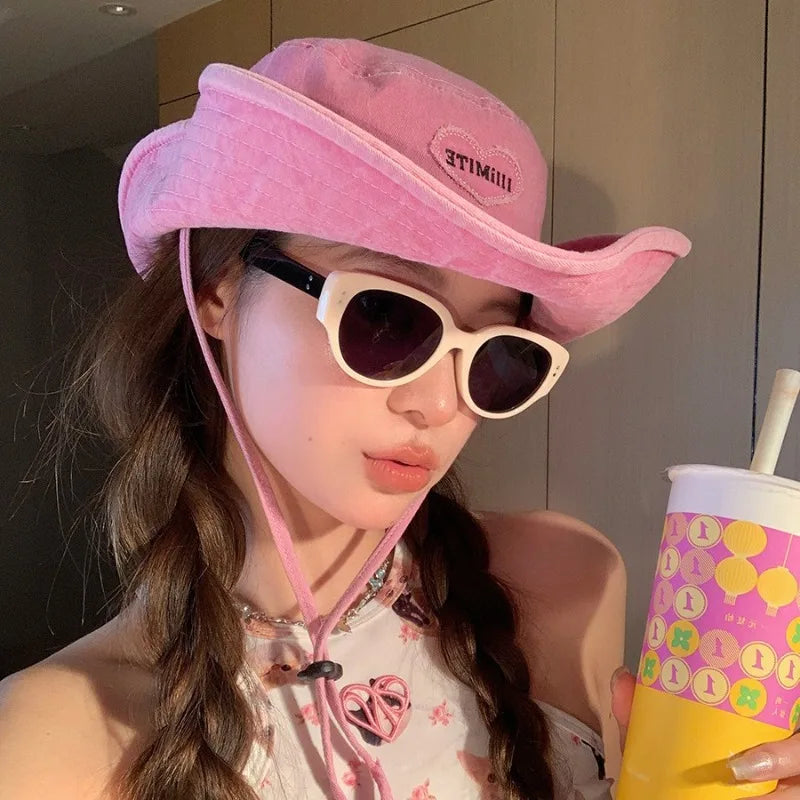 Japanese Retro Washed Cowboy Hats for Women Spring and Summer Outdoor Camping Sun Protection Sweet Pink Love Bucket Caps
