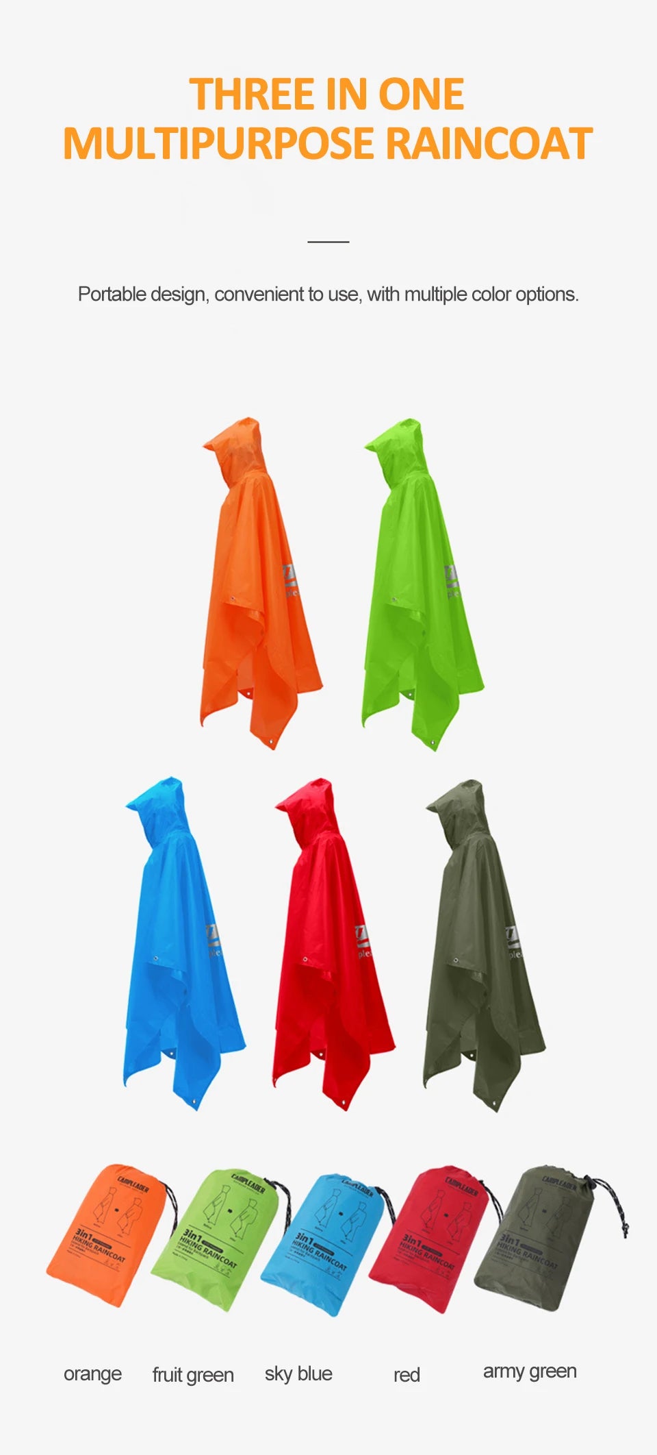 3 In 1 Outdoor Raincoat Hooded Sleeve Long Waterproof Rain Poncho Motorcycle Rain Cover Camping Hiking Travel Rainwear Tent