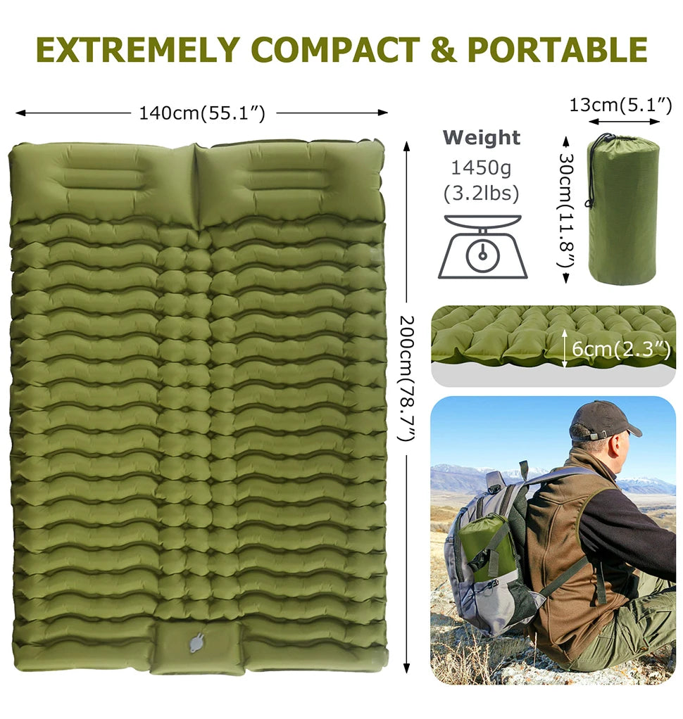 Double Sleeping Pad for Camping Self-Inflating Mat Sleeping Mattress with Pillow for Hiking Outdoor 2 Persons Travel Bed Air Mat