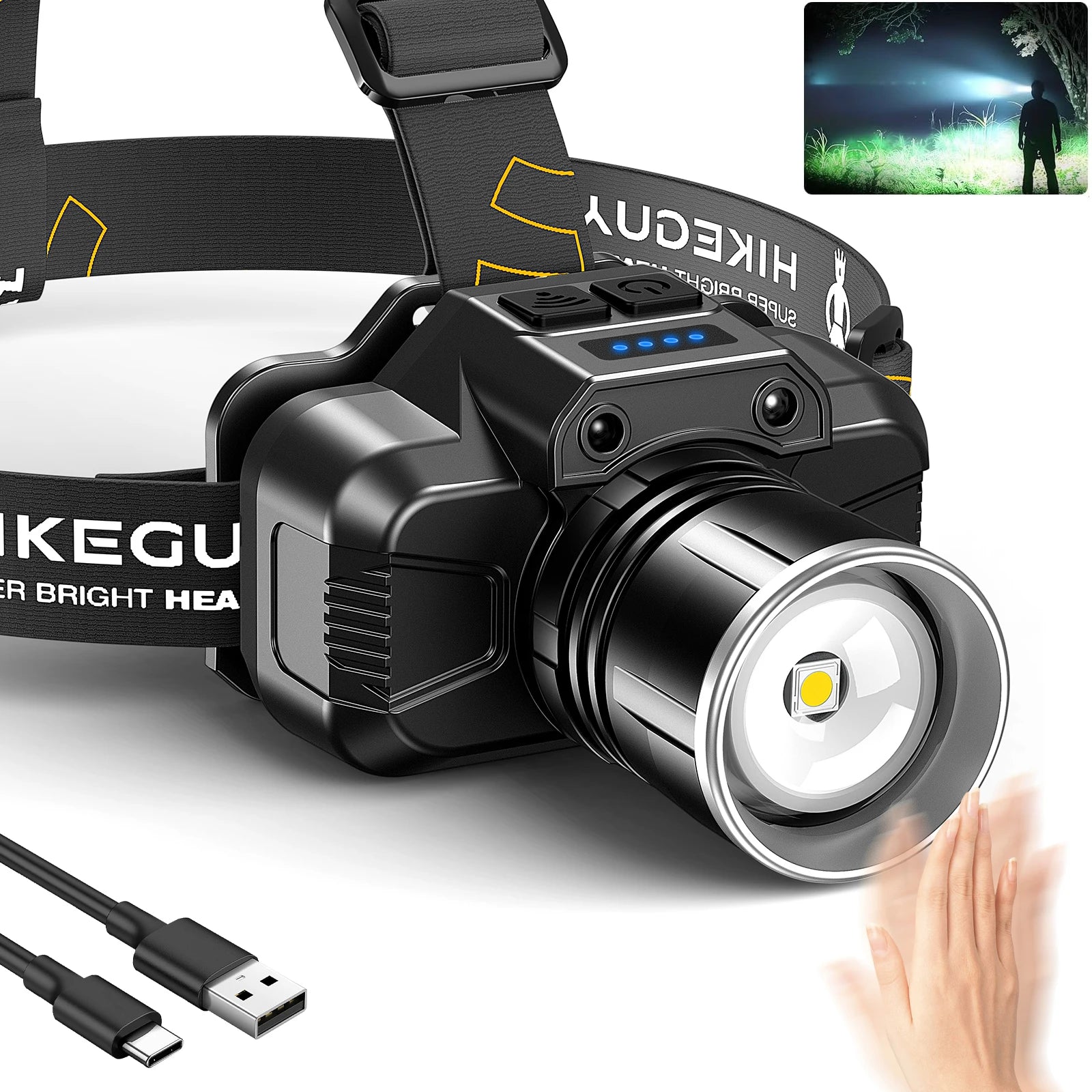 LED Rechargeable Headlamp, High Lumens Headlight with Sensor 6 Modes Waterproof 90° Adjustable Zoom for Hiking Camping