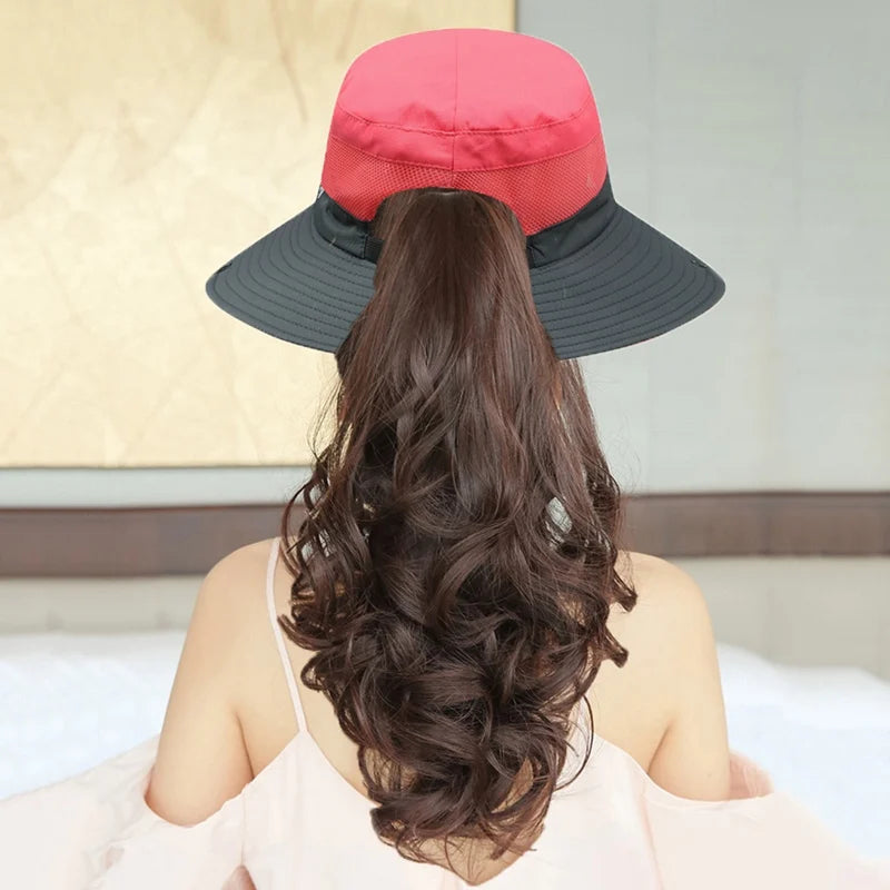 Camping Hiking Bucket Hat Wide Brim Quick Drying Breathable Traveling Foldable Sunshade Sun Ponytail Cap With Chin Strap