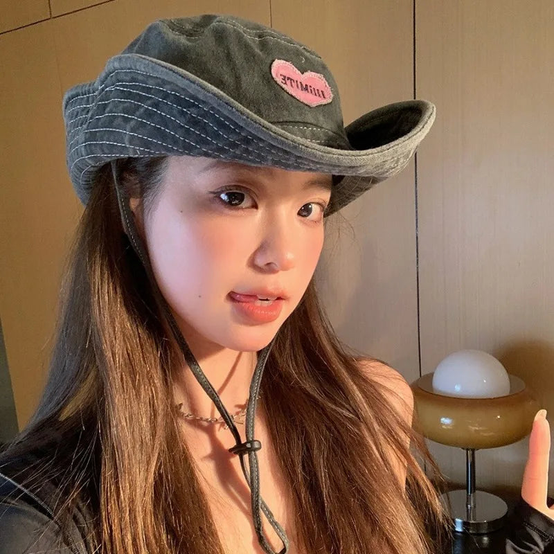 Japanese Retro Washed Cowboy Hats for Women Spring and Summer Outdoor Camping Sun Protection Sweet Pink Love Bucket Caps