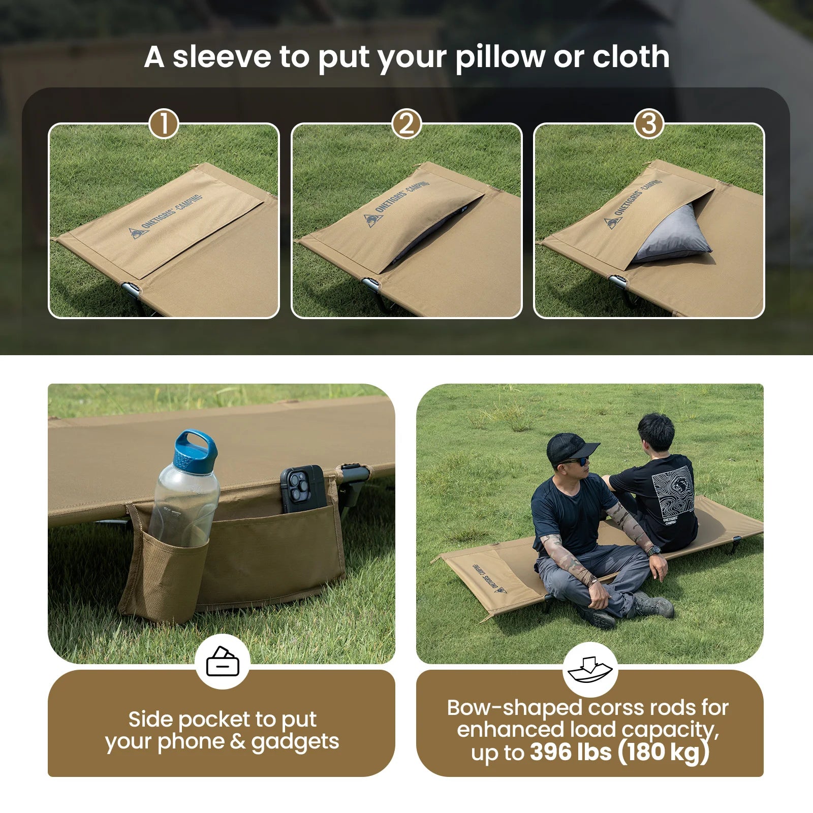 OneTigris SUPRAGRIS Camping Cot Portable Easy-to-Assemble Folding Outdoor Bed Mat Office Nap Sleeping Camp Cots for Adults