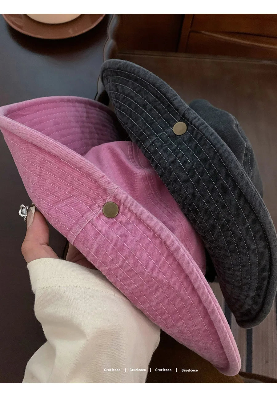 Japanese Retro Washed Cowboy Hats for Women Spring and Summer Outdoor Camping Sun Protection Sweet Pink Love Bucket Caps