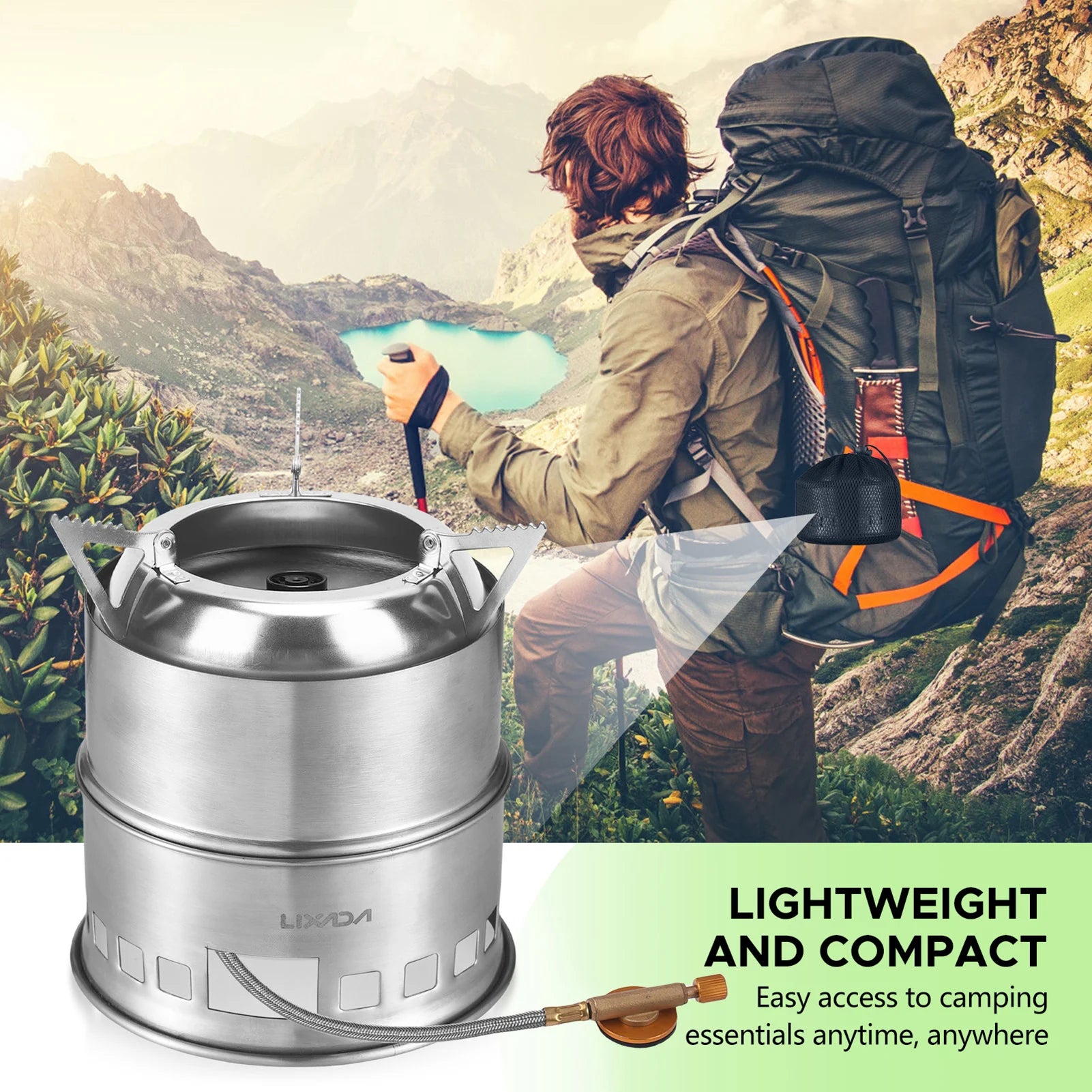 Camping Stove 3-in-1 Portable Stainless Steel Lightweight Wood Gas Solid Fuel Stoves for Outdoor Cooking Picnic BBQ