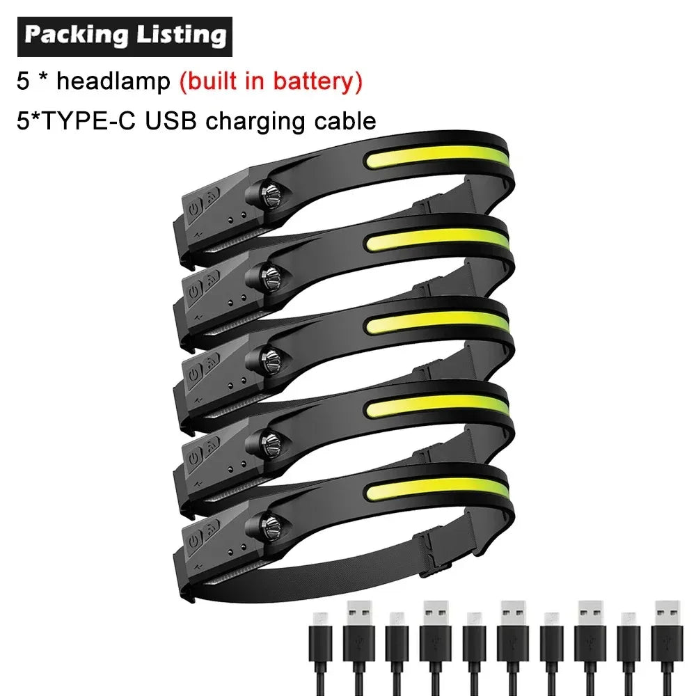 230°Bright Beam Headlamp LED Sensor Head lamp Built-in Battery USB Rechargeable Head Flashlight Outdoor Camping Fishing Headligh