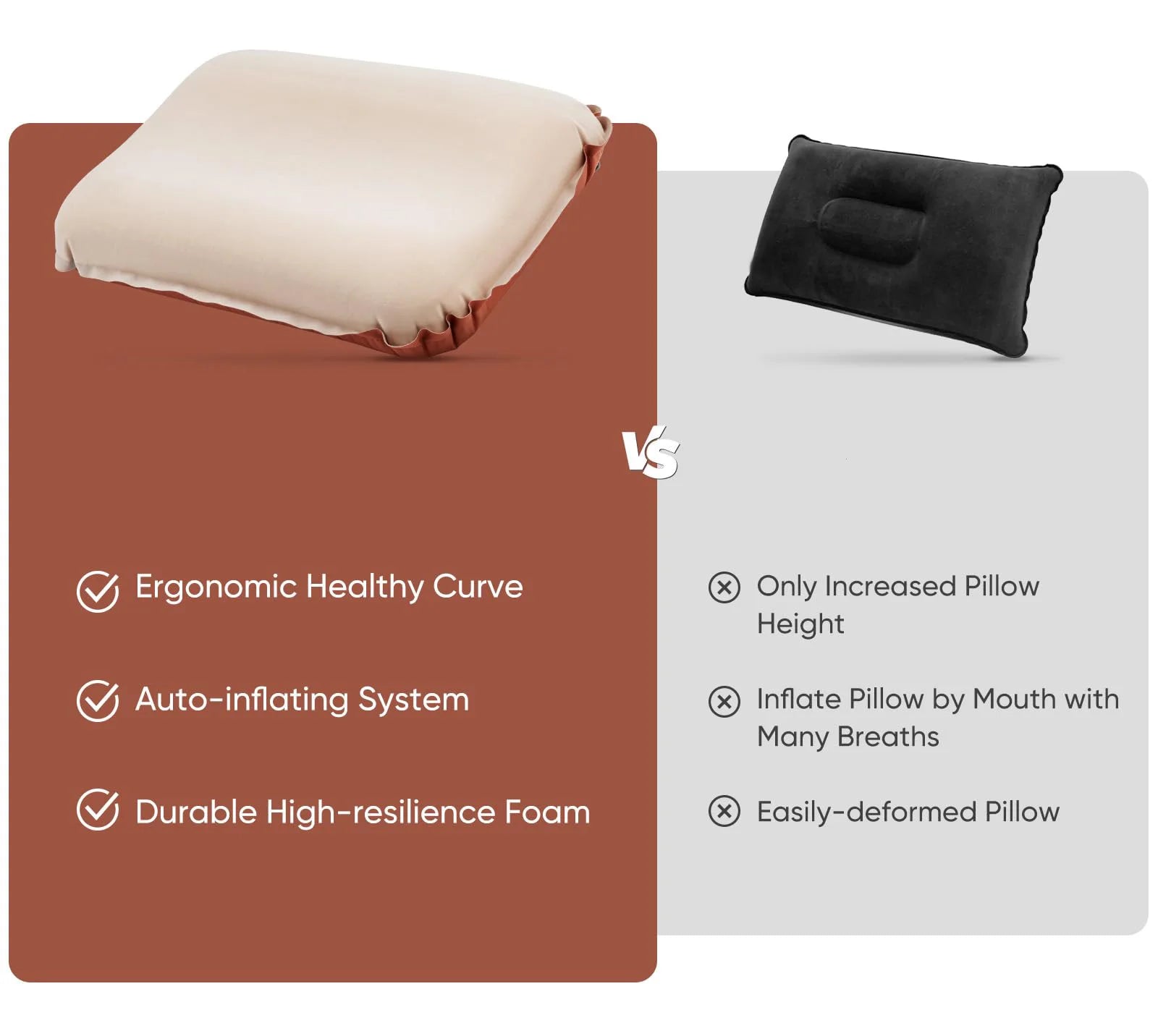 Camping Pillow with Memory Foam, Self-Inflating Portable Pillow, Ergonomic for Neck Support, for Camping, Airplanes, Backpacking