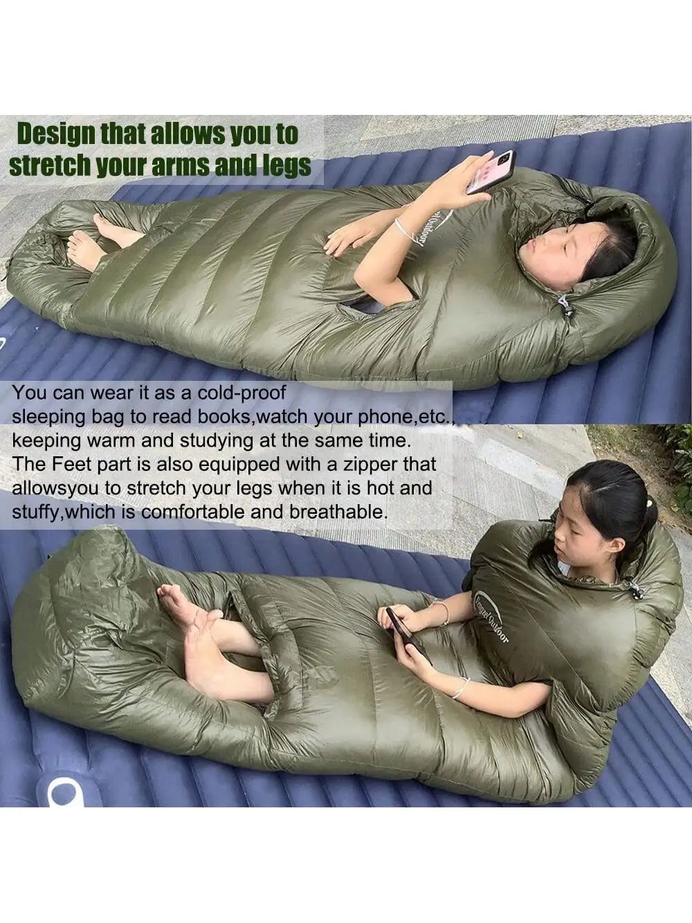 Outdoor camping, Can stretch hands and legs, 90% Duck down 1000g filling, Ultra-light and warm  Mummy down sleeping bag