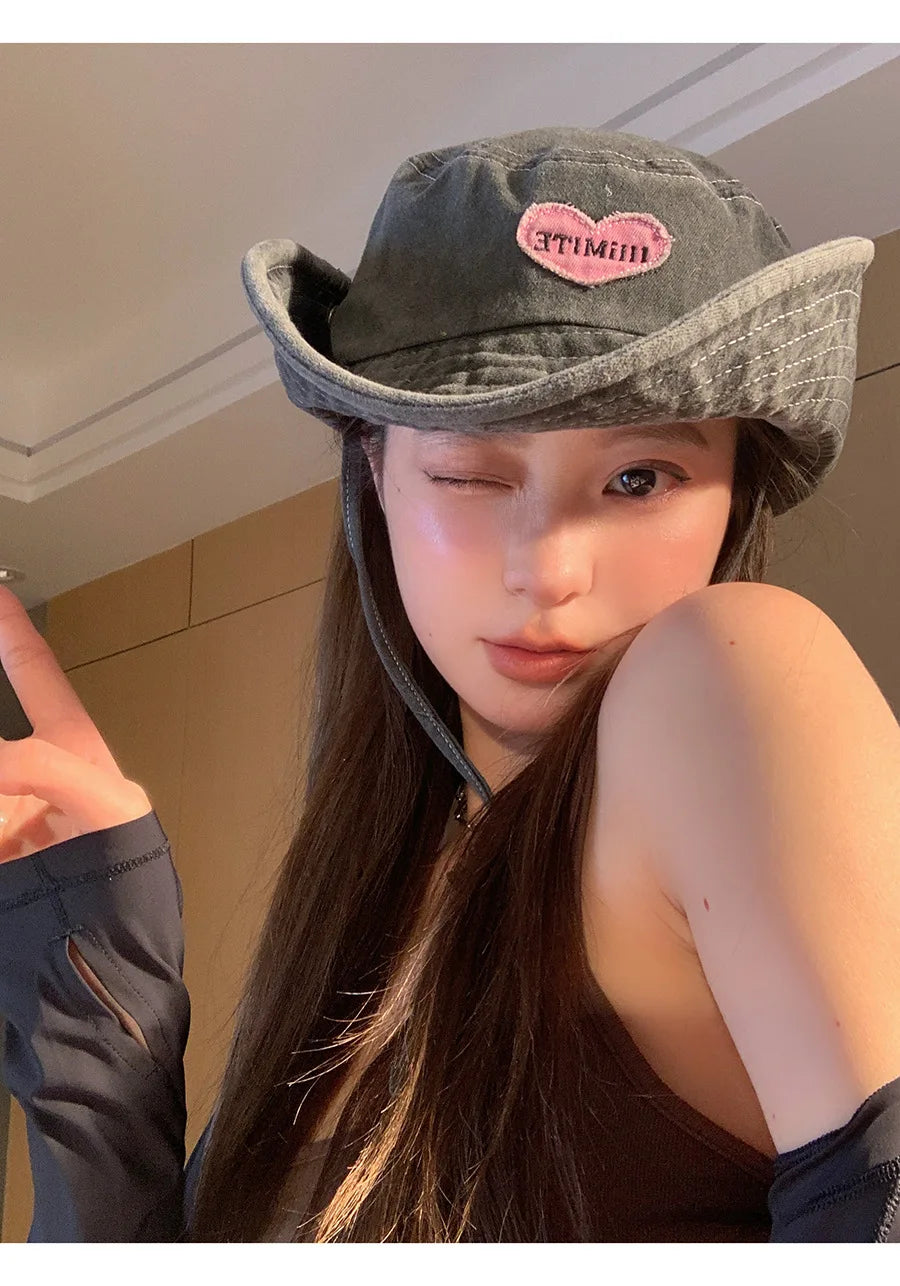 Japanese Retro Washed Cowboy Hats for Women Spring and Summer Outdoor Camping Sun Protection Sweet Pink Love Bucket Caps