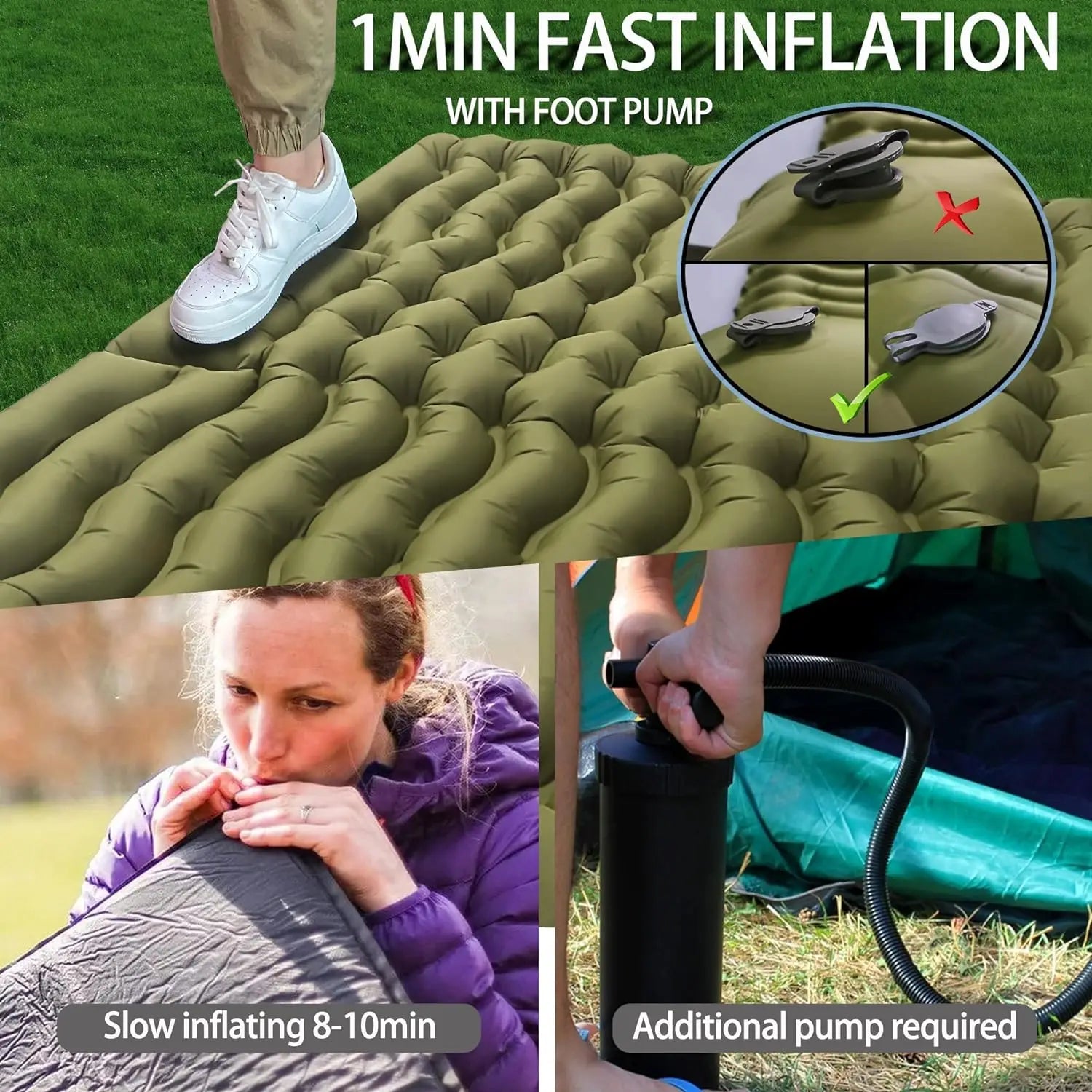 Double Sleeping Pad for Camping Outdoor 2 Persons Travel Bed Air Mat Self-Inflating Mat Sleeping Mattress with Pillow for Hiking