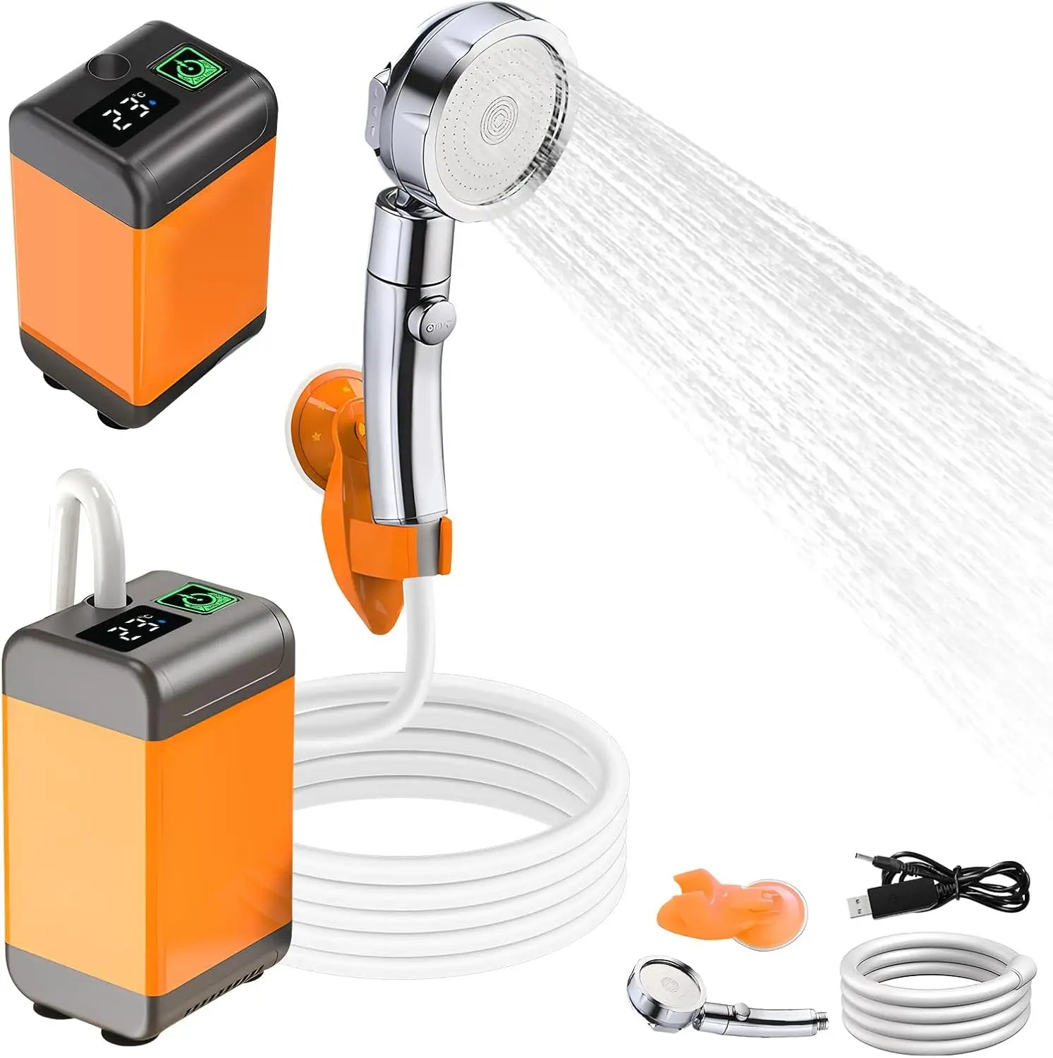 Portable Camping Shower - Rechargeable 7800mAh Pump with Showerhead, Low Noise, Temp & Battery Display for Camping, Beach
