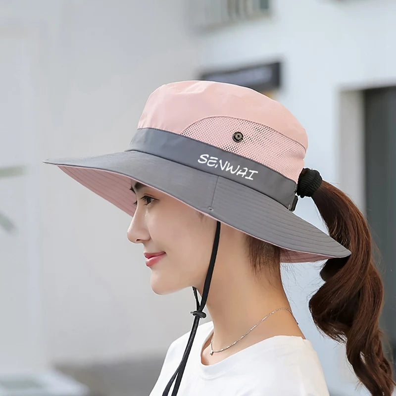 Camping Hiking Bucket Hat Wide Brim Quick Drying Breathable Traveling Foldable Sunshade Sun Ponytail Cap With Chin Strap