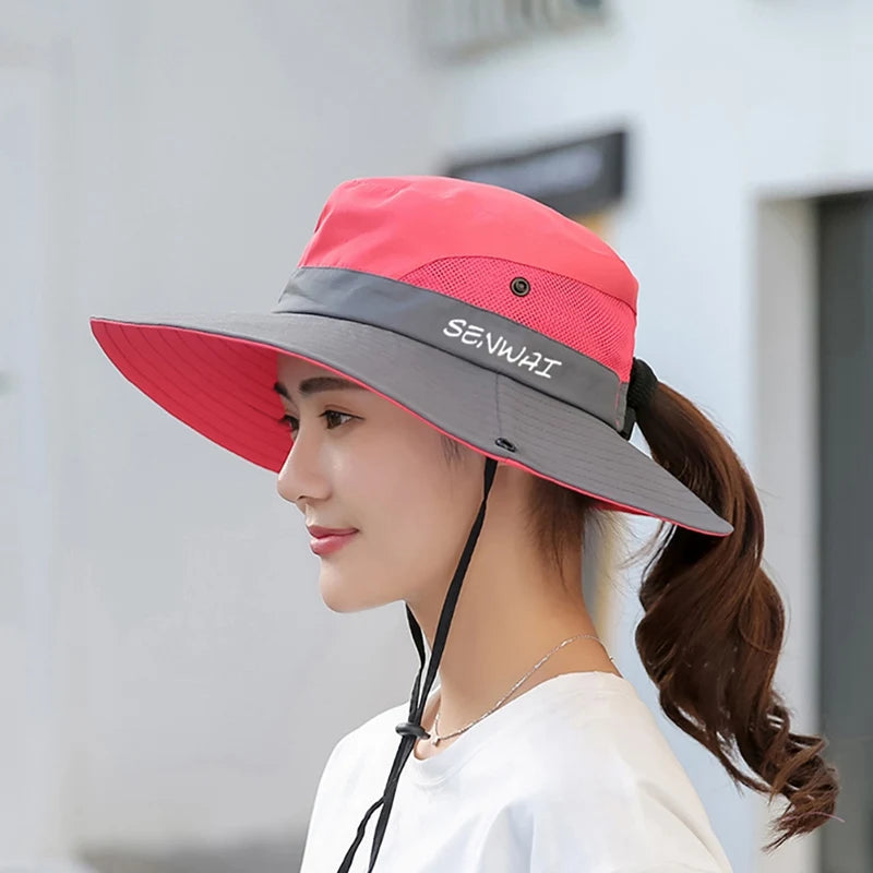 Camping Hiking Bucket Hat Wide Brim Quick Drying Breathable Traveling Foldable Sunshade Sun Ponytail Cap With Chin Strap