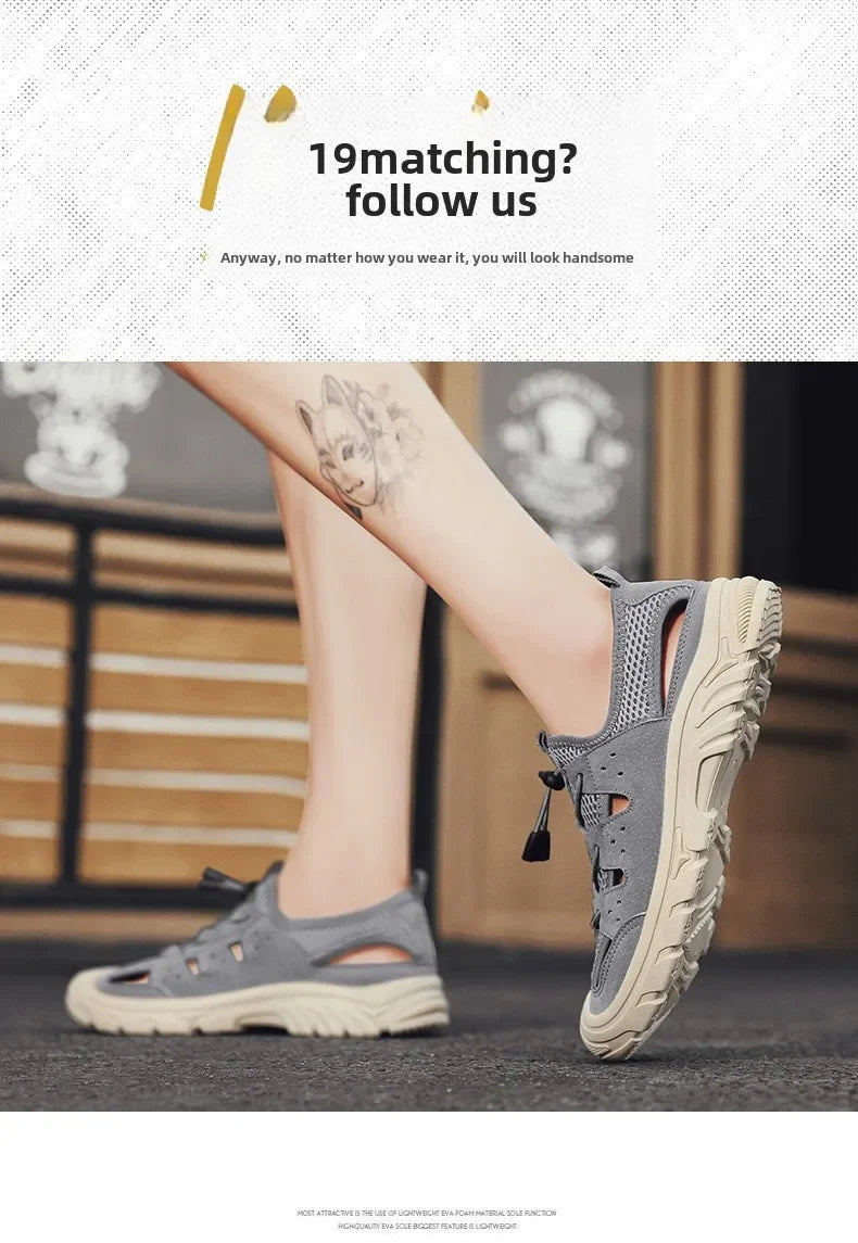 2025 Barefoot Beach Shoes Camping Travel Baotou Sandals Men's Outerwear Trendy Cool Slippers Mesh Quick Drying Sports Sweatproof