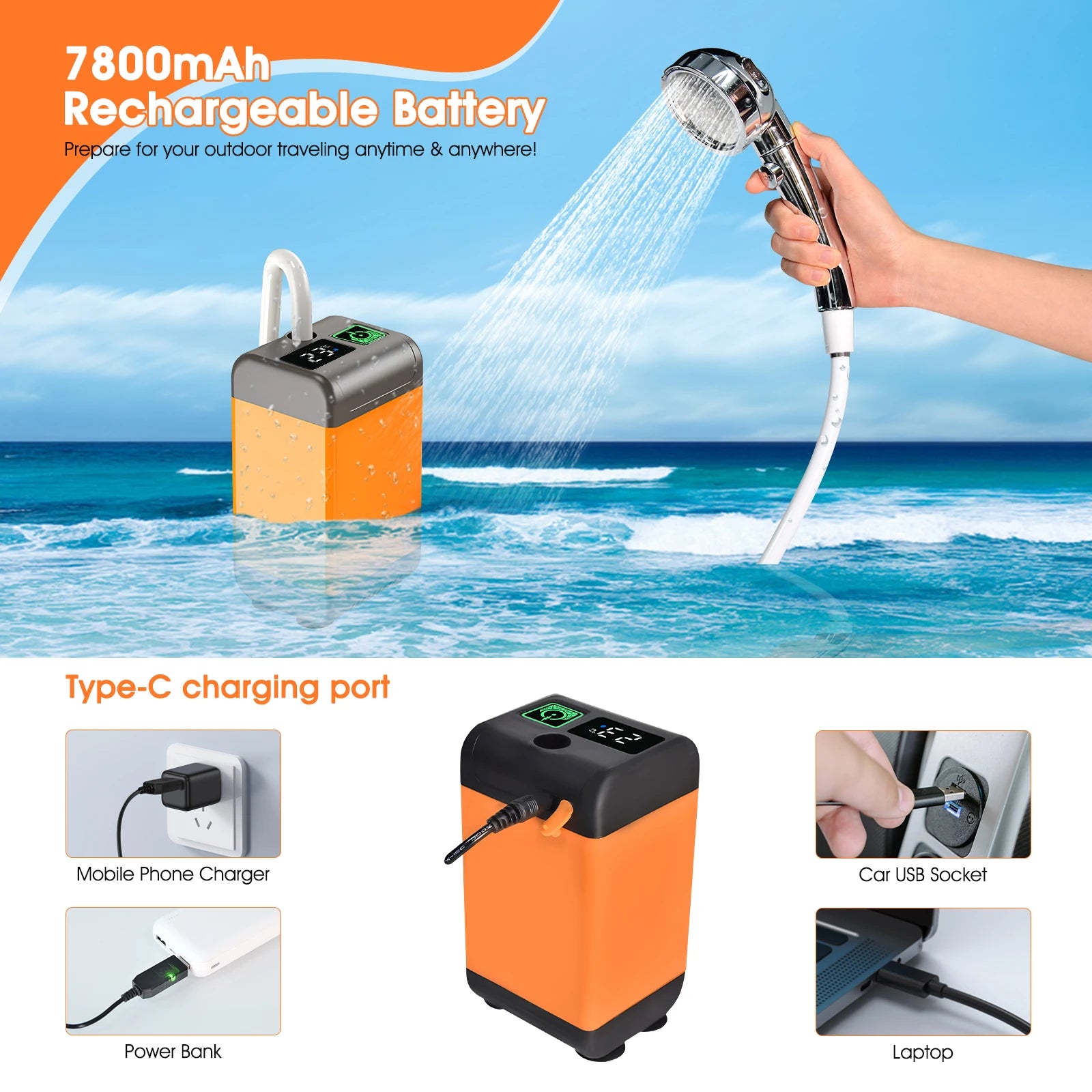 Portable Camping Shower - Rechargeable 7800mAh Pump with Showerhead, Low Noise, Temp & Battery Display for Camping, Beach