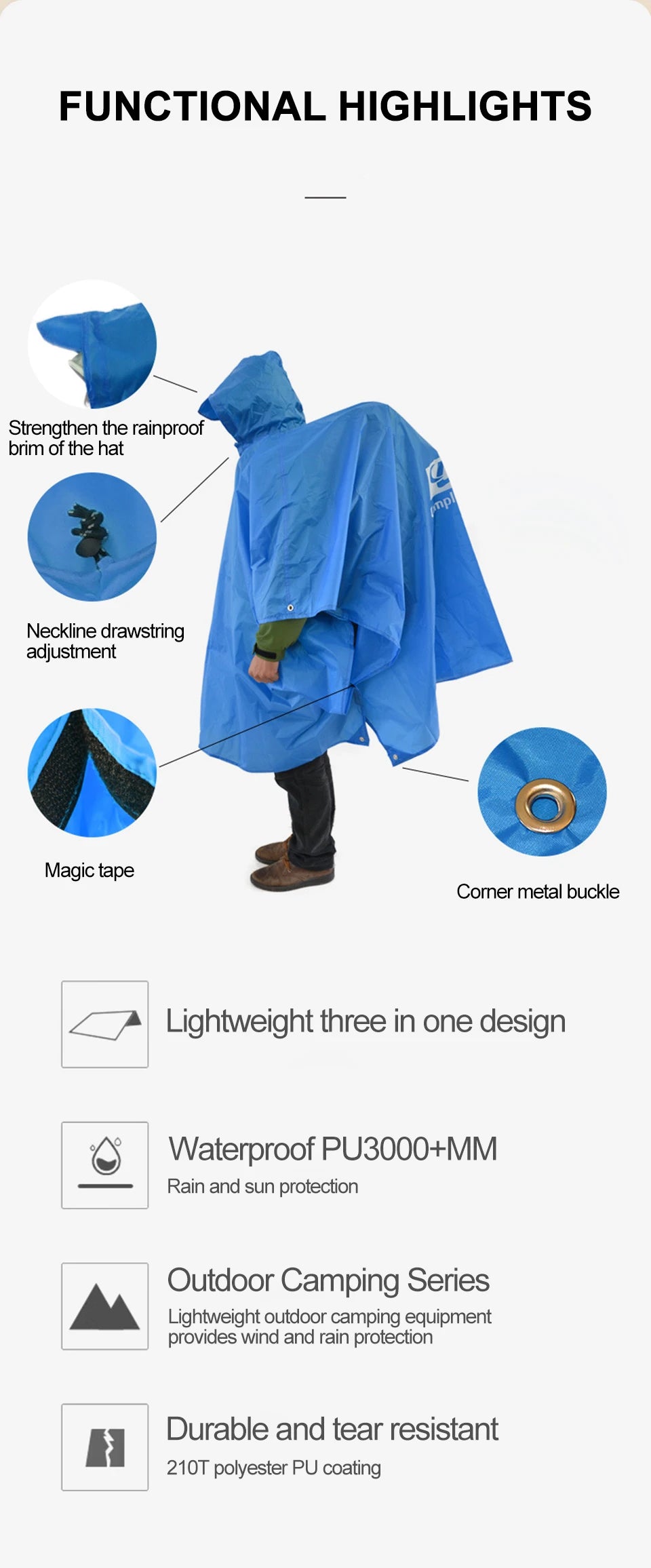 3 In 1 Outdoor Raincoat Hooded Sleeve Long Waterproof Rain Poncho Motorcycle Rain Cover Camping Hiking Travel Rainwear Tent