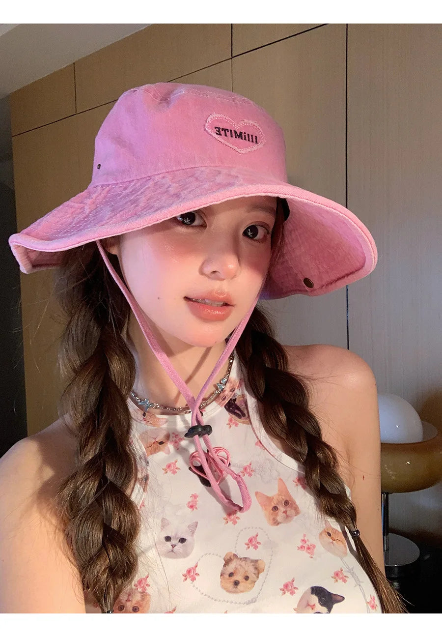 Japanese Retro Washed Cowboy Hats for Women Spring and Summer Outdoor Camping Sun Protection Sweet Pink Love Bucket Caps