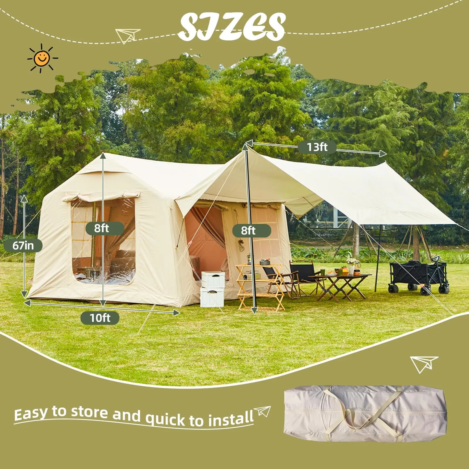 Inflatable Tent for Camping 10-12 People Large Inflatable Tent, Easy Setup 136 sqfts Glamping Tent,4 Season Tents for Camping