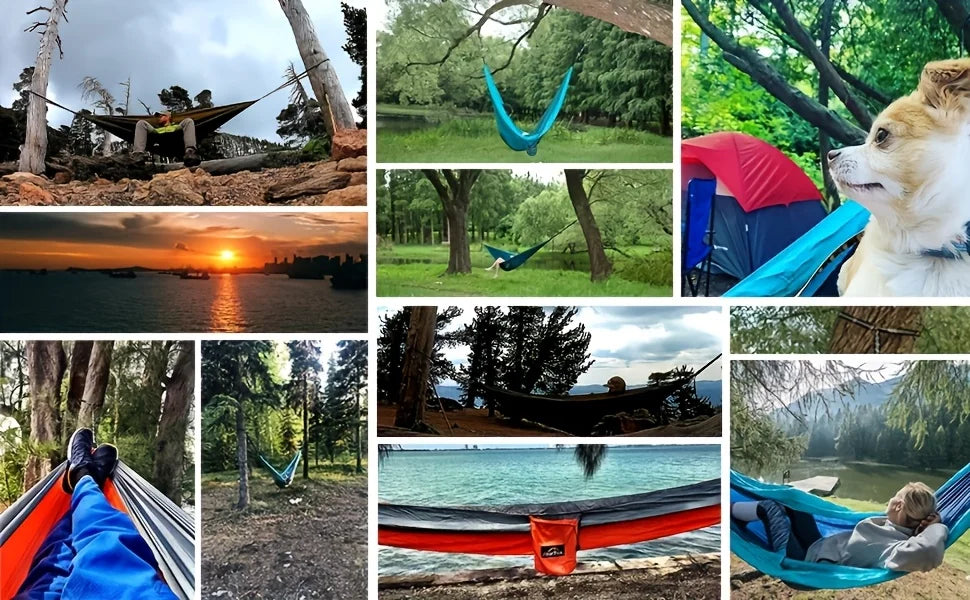 Portable outdoor camping hammock, suitable for backpacking, beach, backyard, garden, hiking, all seasons.