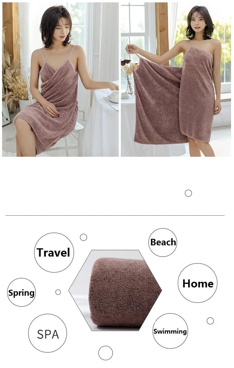 Quick Dry Sling  Wearable Bath Towel Bathrobe Dress for Shower Pool Spa Bathroom White Towel Wrap for Women