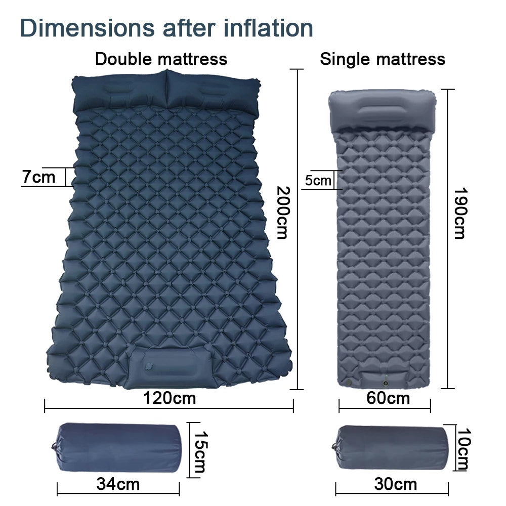 Double Sleeping Pad for Camping Inflatable Mattress with Pillow Outdoor Mat Travel Bed Cushion Built-in Pump 2 Person for Hiking