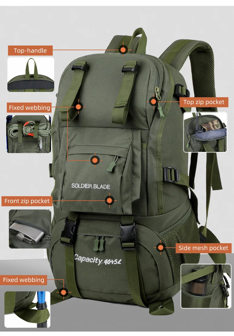 50L Camping Backpack Large Hiking Travel Bags Outdoor Sports Equipment Waterproof Oxford Shoulder Mountain Climbing Rucksack