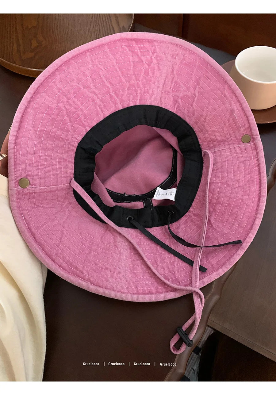 Japanese Retro Washed Cowboy Hats for Women Spring and Summer Outdoor Camping Sun Protection Sweet Pink Love Bucket Caps