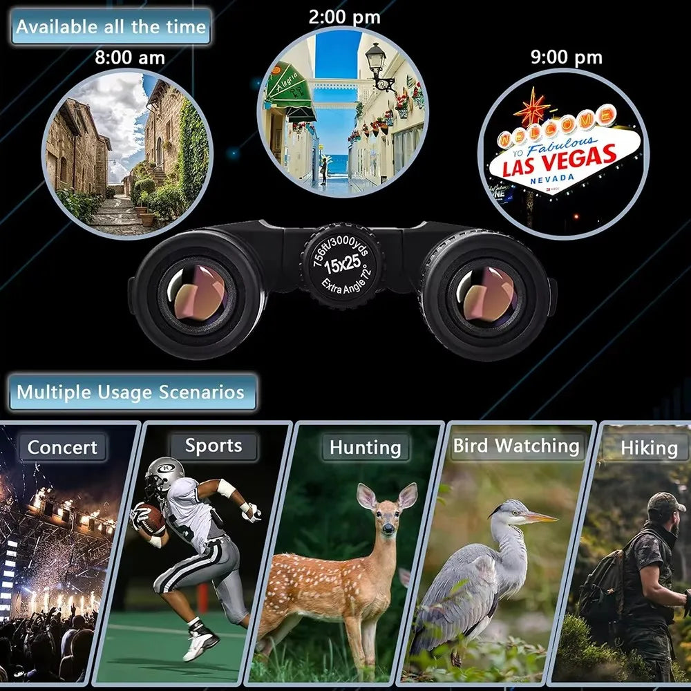 Binoculars 15x25 for Adults Waterproof Durable & Clear Binoculars with Low Light Night Vision for Sightseeing Concerts BirdWatch