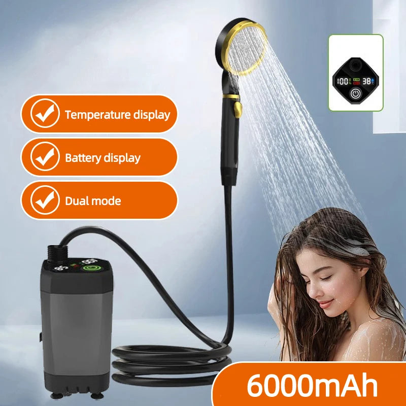 Portable Shower for Camping 6000mAh Rechargeable Camping Shower with Shower Head Intelligent LED Display Electric Shower Pump