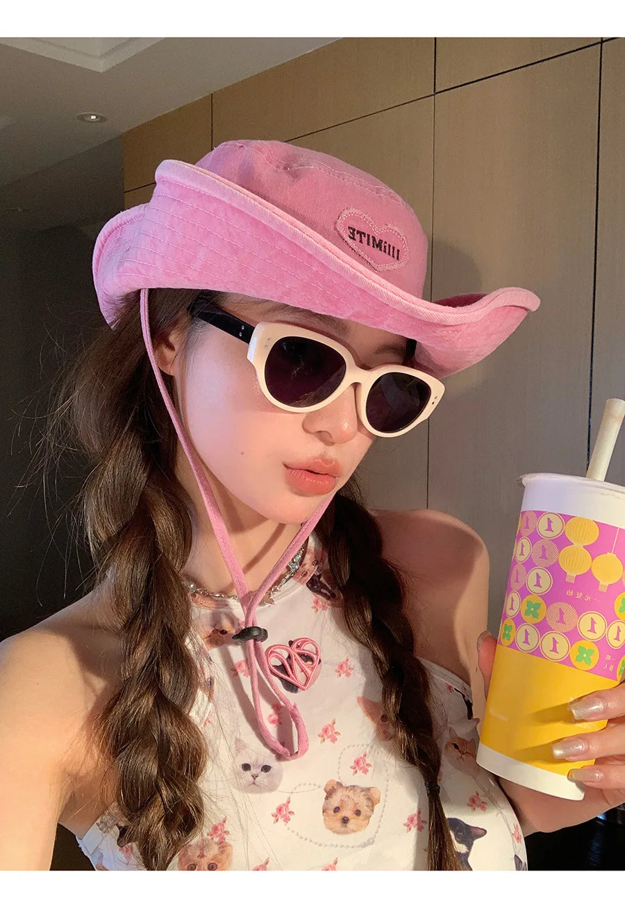 Japanese Retro Washed Cowboy Hats for Women Spring and Summer Outdoor Camping Sun Protection Sweet Pink Love Bucket Caps