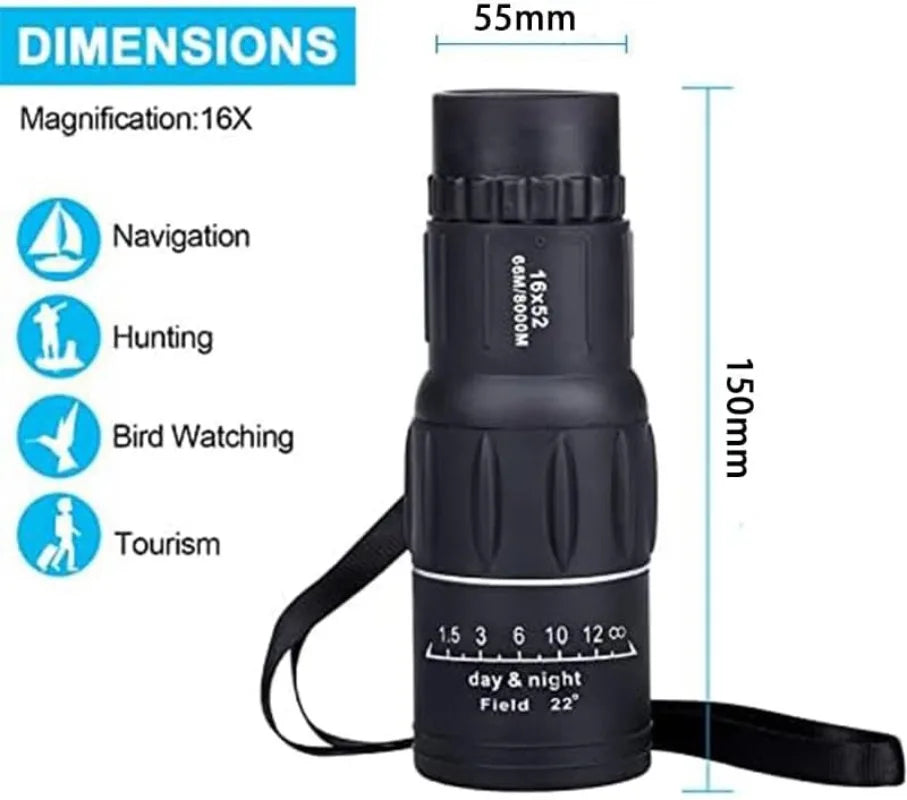 16x52 Monocular Binoculars Dual Focal Length Optical Zoom Binoculars for Birdwatching/Wildlife/Hunting/Camping/Hiking/Traveling