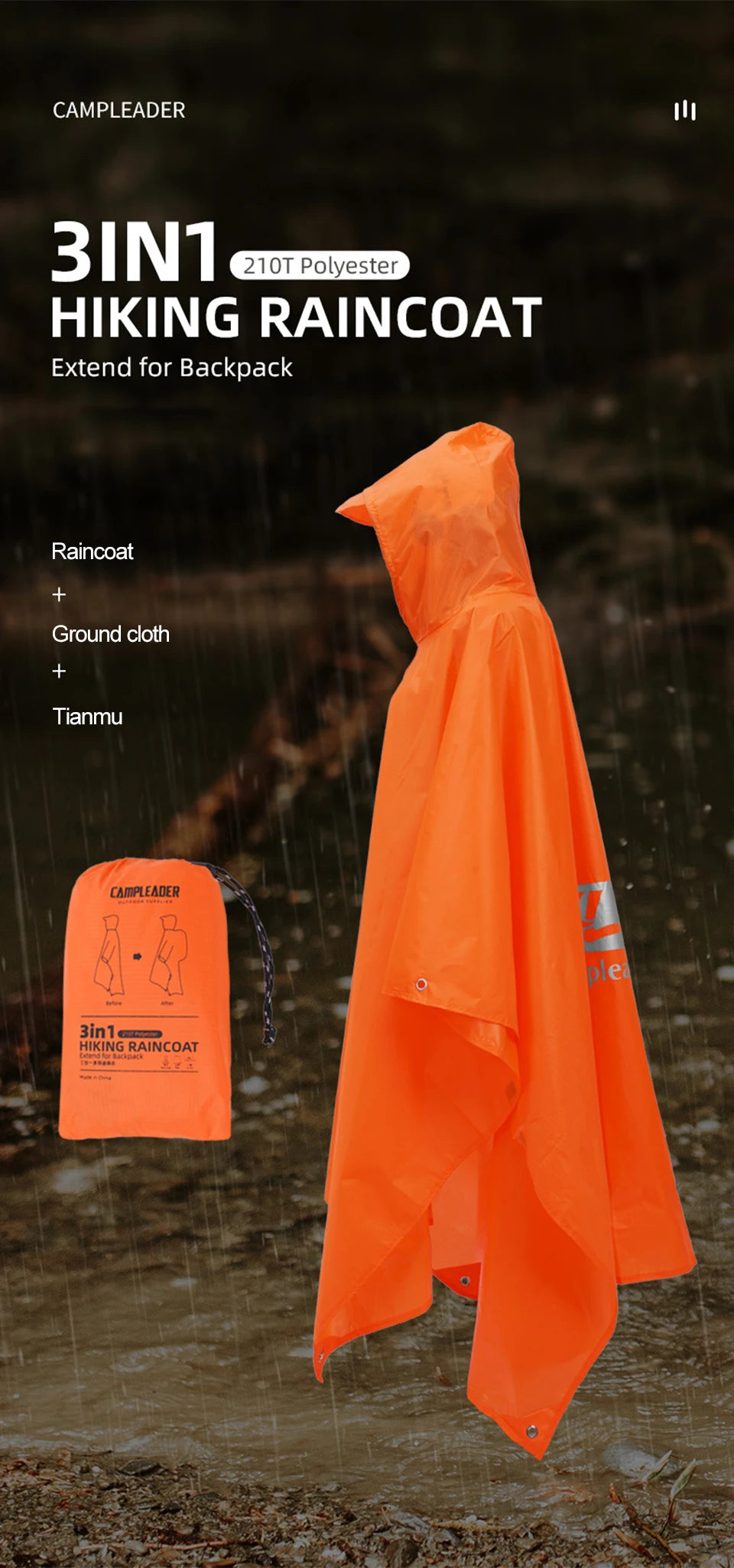 3 In 1 Outdoor Raincoat Hooded Sleeve Long Waterproof Rain Poncho Motorcycle Rain Cover Camping Hiking Travel Rainwear Tent
