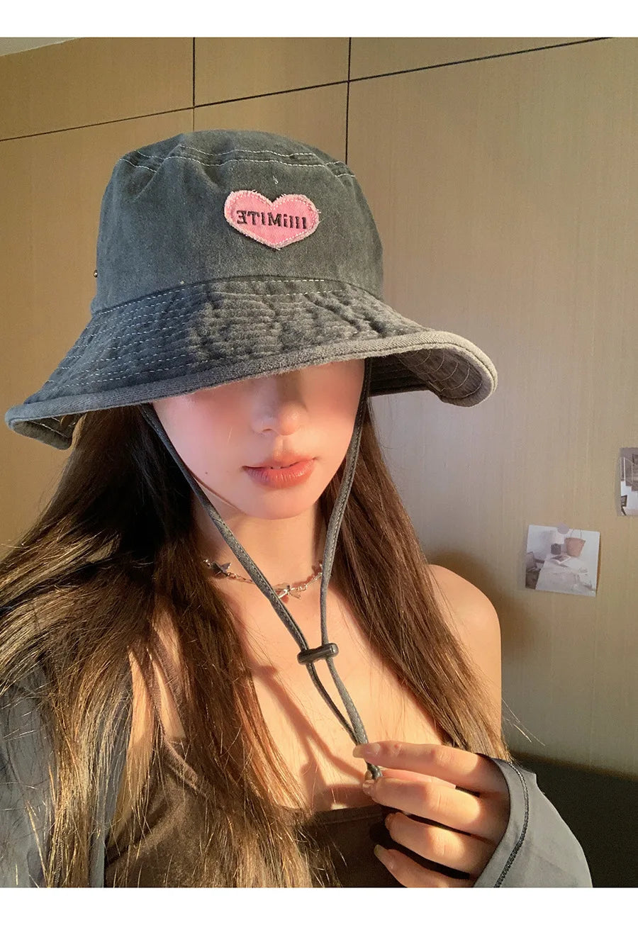Japanese Retro Washed Cowboy Hats for Women Spring and Summer Outdoor Camping Sun Protection Sweet Pink Love Bucket Caps